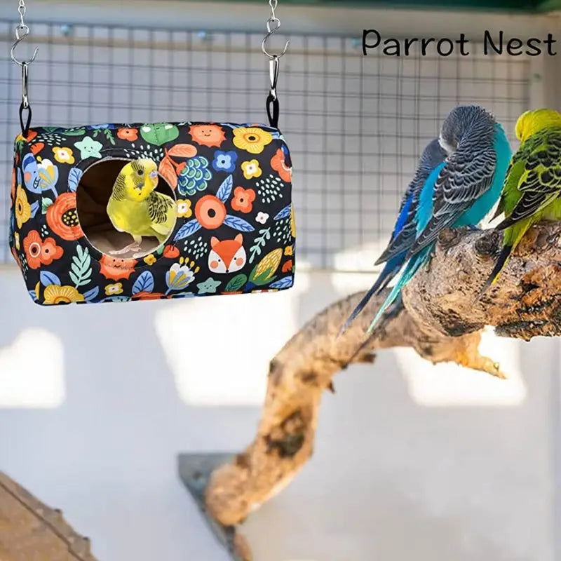 DecorBites™ cozy hanging hammock parrot nest with colorful floral pattern and animal motifs for warm bird comfort