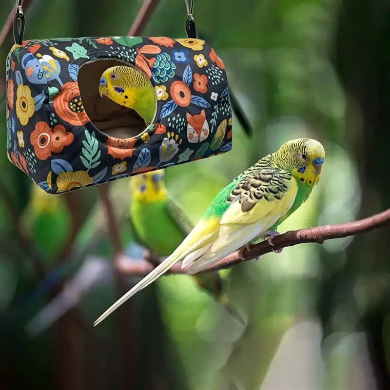 DecorBites™ cozy hanging hammock with colorful floral fabric for warm bird use and parrot nest hammock comfort