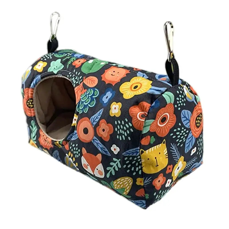 Decorbites cozy hanging hammock for small pets with dark navy fabric and colorful floral parrot nest hammock design