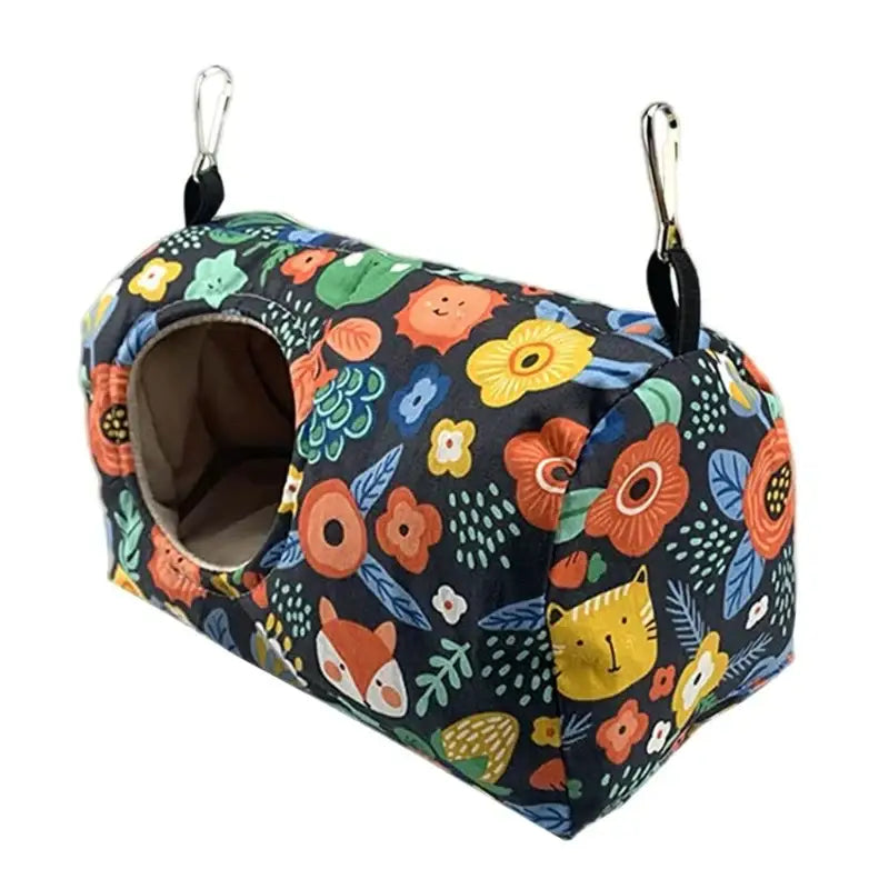 DecorBites™ cozy hanging hammock for small pets in dark navy fabric with colorful floral and animal patterns is a warm bird parrot nest hammock