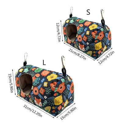 Decorbites™ cozy hanging hammock for small pets in dark blue fabric with vibrant floral and cartoon animal pattern ideal as a warm bird or parrot nest hammock