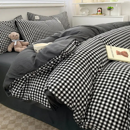 Decorbites™ cozy nordic plaid bedding set queen king size with black and white checkered 1pc duvet cover and soft plush texture