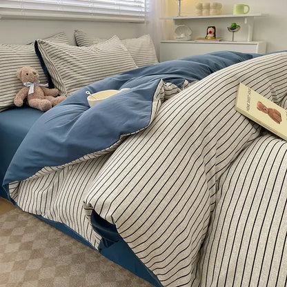 Decorbites cozy nordic plaid queen king size bedding set with blue cream striped 1pc duvet cover and 1pc flat sheet