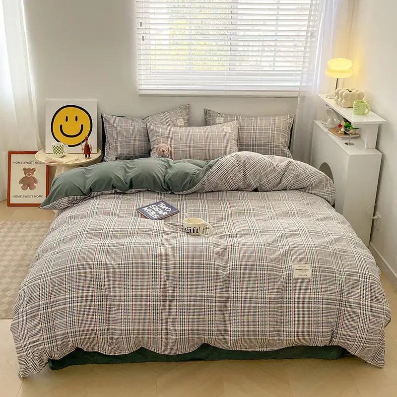 Plaid gray and white nordic plaid duvet set with soft textured fabric finish including 1pc duvet cover and 1pc flat sheet