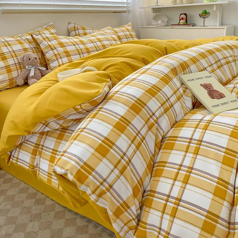 Decorbites cozy nordic plaid bedding set queen king size with yellow and white 1pc duvet cover and 1pc flat sheet
