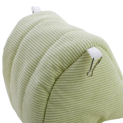 Light green corduroy cozy parrot cage hanging hut bed with white fabric loop and metal carabiner for bird cage parrot