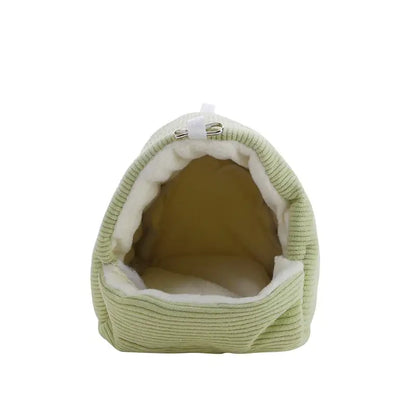 Decorbites cozy parrot cage hanging hut bed in light green corduroy with plush white lining and silver zipper closure