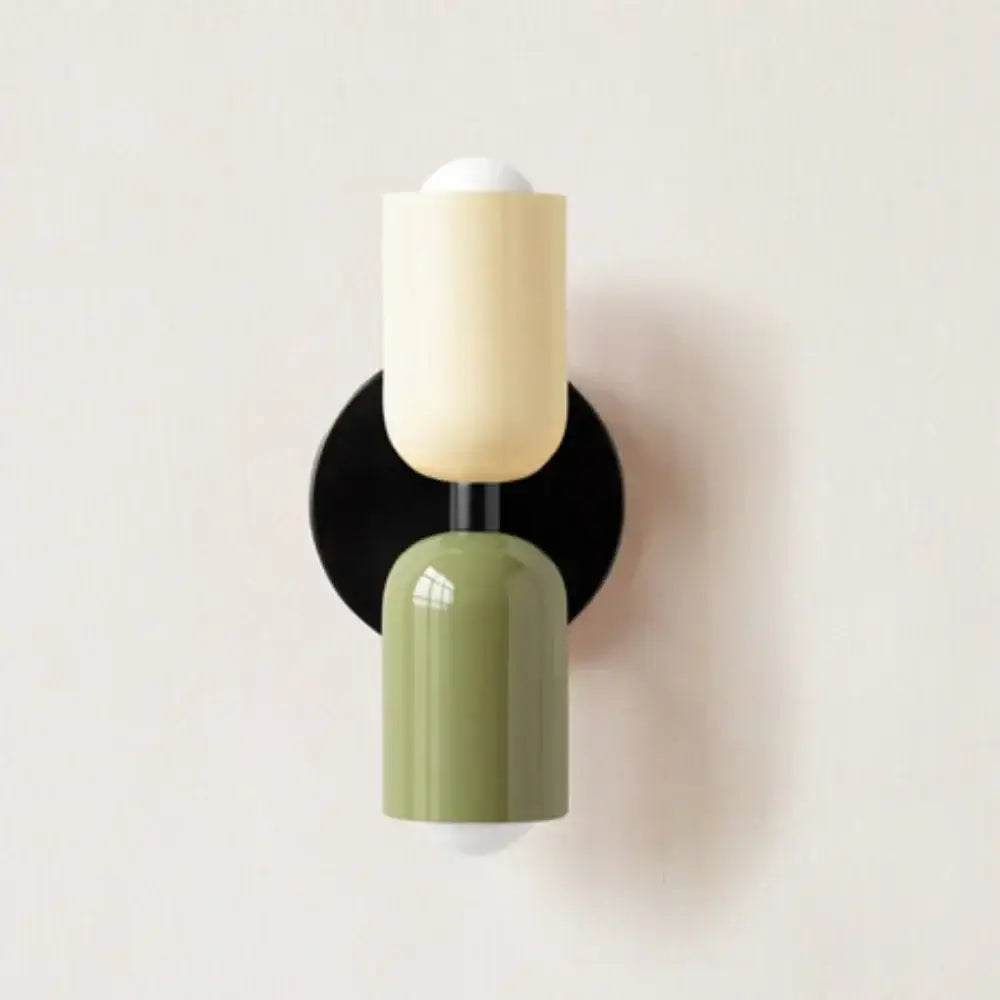 Modern decorbites cream double head wall lamp with matte black base and cream olive green cylindrical shades for bedroom