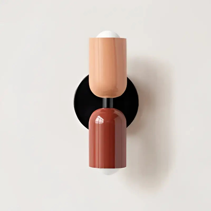 Modern wall lamp decorbites cream double head with matte black base and beige wood and terracotta shades for bedroom use