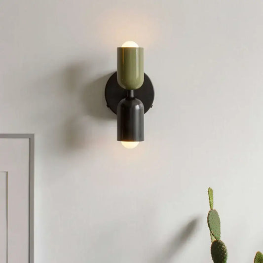 Modern decorbites cream double head wall lamp with matte olive green and black cylindrical shades for bedroom lighting