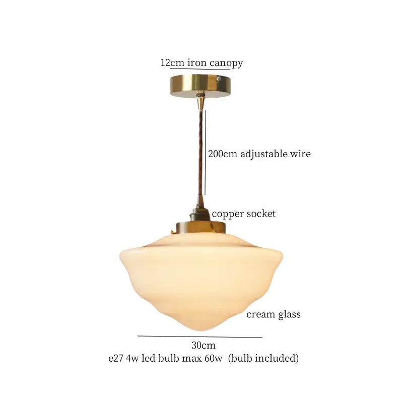 Decorbites cream glass led pendant light with brass iron canopy and copper socket for kitchen lighting