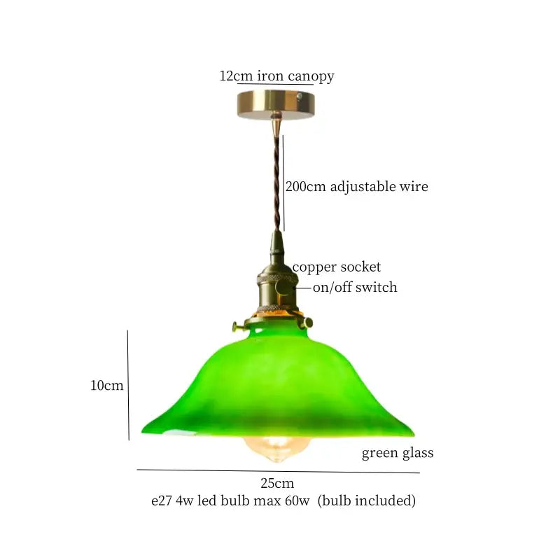 Green glass pendant light with brass iron canopy and copper socket complementing decorbites cream glass led pendant light