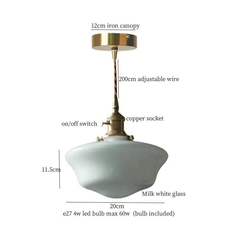 Decorbites cream glass led pendant light with milk white glass shade, brass iron canopy, copper socket, and adjustable wire