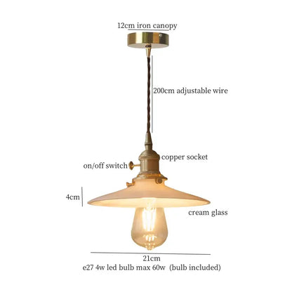 Vintage-style pendant light with brass iron canopy, adjustable copper wire, cream glass led shade by decorbites for kitchen