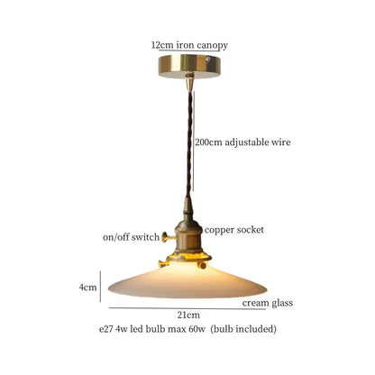 Decorbites cream glass led pendant light with brass-finished iron canopy copper socket and cream glass shade for kitchen