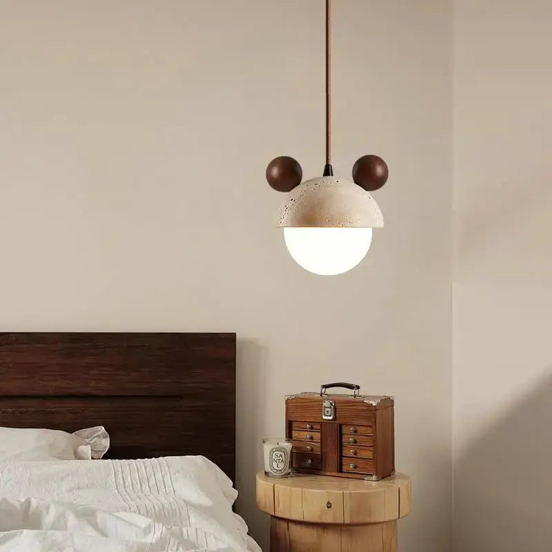 Decorbites cream glass led pendant light with textured off-white concrete dome and dark brown wood ears suspended by copper cord