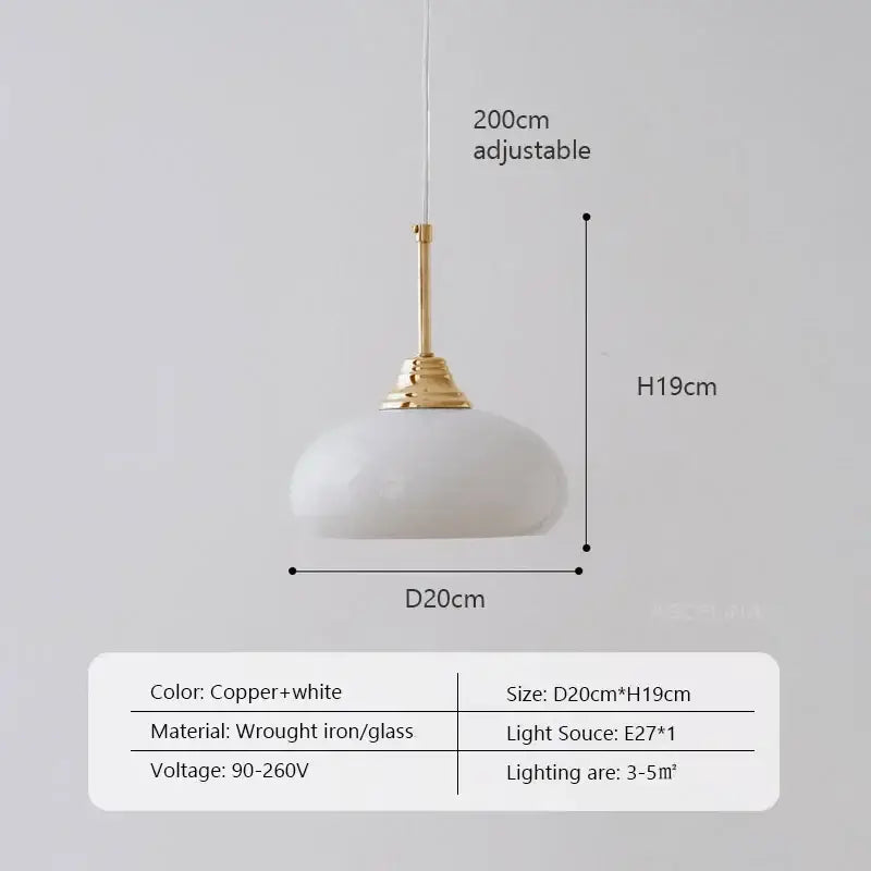 A decorbites cream glass pendant light with copper-toned wrought iron fixture and adjustable 200cm cord for modern interiors