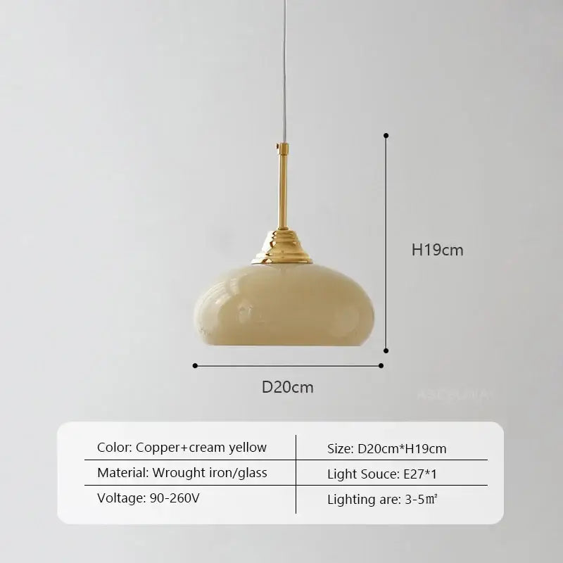 Decorbites cream glass pendant light with cream yellow glass and copper-finished wrought iron fixture for dining room