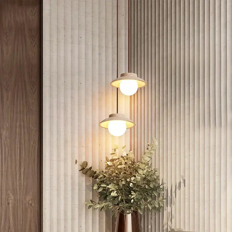 Modern decorbites cream stone pendant lamp with warm bulbs in matte textured concrete shades for bedroom lighting