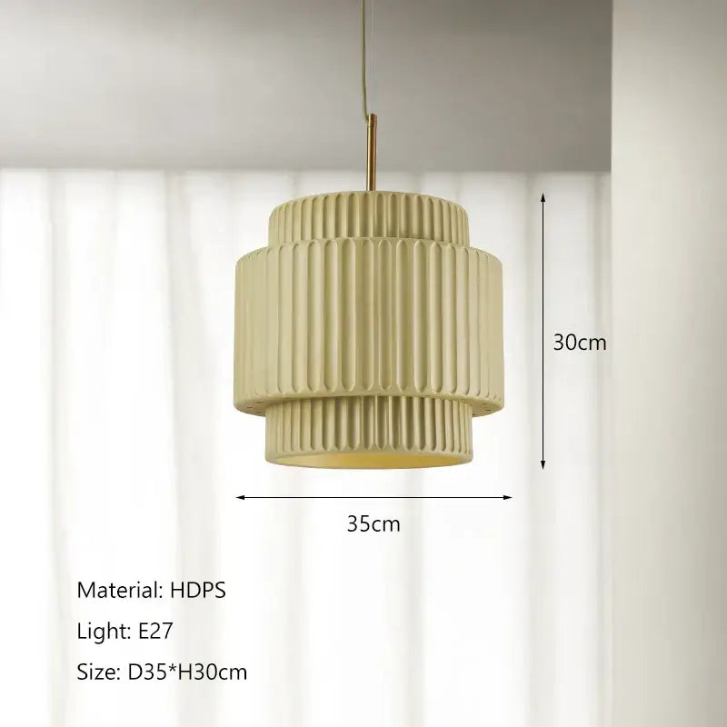 Cream-colored two-tiered decorbites cream wind led chandelier with vertical ridges and brass-finished hanging rod