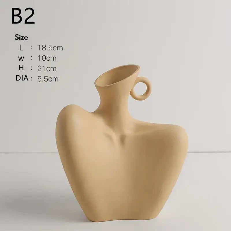 Beige ceramic human vase with sculpted abstract form and circular handle for home decor by DecorBites