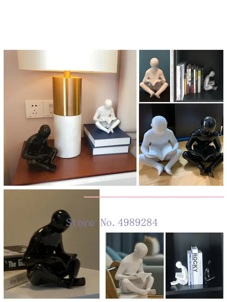 Black glossy resin figurine of a seated human reading by decorbites creative ceramics for living room decor