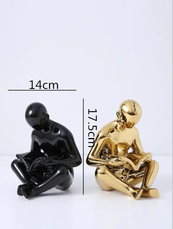 Two glossy resin figurines black and gold seated human figures decorbites creative ceramics sculpture for living room decor