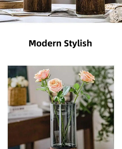 DecorBites™ creative retro glass vase with clear cylindrical glass and dark wooden base holding pink roses for living room