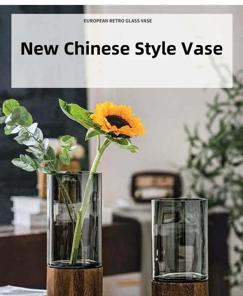DecorBites creative retro glass vase with wooden base holding sunflower in living room featuring primary color glass