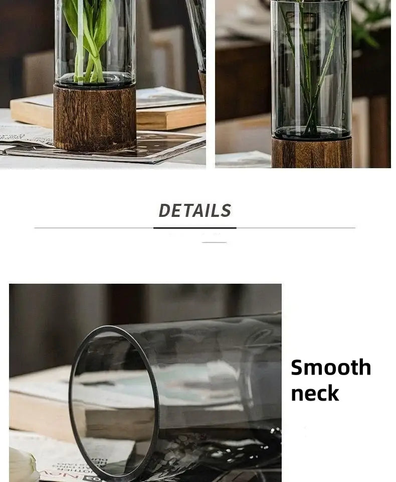 Clear glass vase with wooden base and smooth neck holding green stems for living room creative retro glass decor
