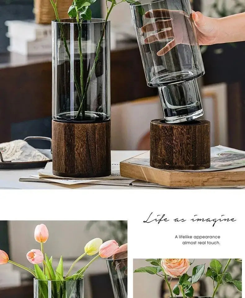 DecorBites™ creative retro glass vase with clear primary color glass and dark wood base for living room decor