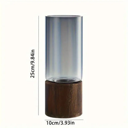Decorbites™ creative retro glass vase for living room with tall cylindrical primary color glass and dark brown wooden base