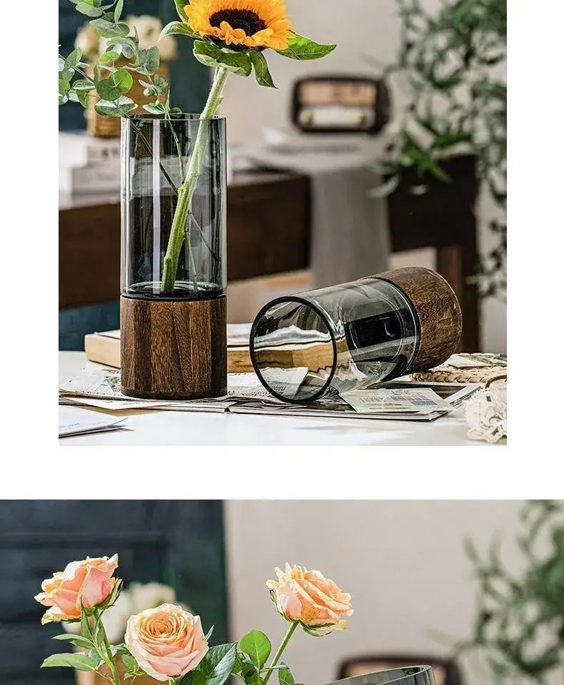 Decorbites™ creative retro glass vase with dark wood base and sunflower in transparent glass for living room decor