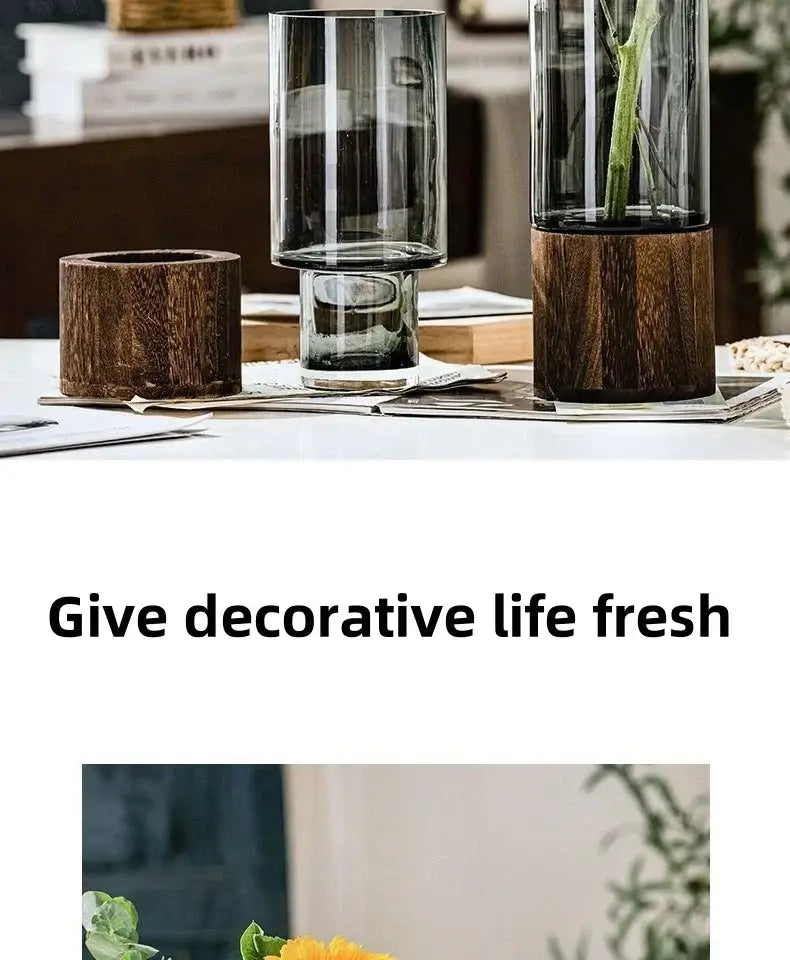 DecorBites™ creative retro glass living room vase with tall sleek primary color glass and dark wood bases