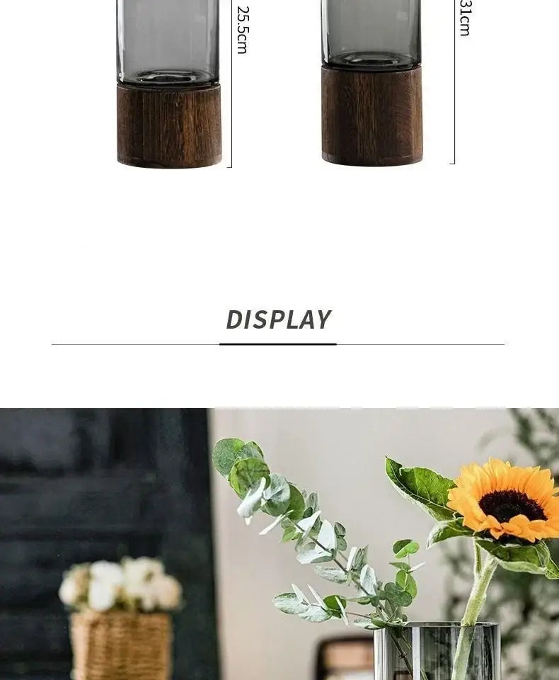 Tall sleek creative retro glass vase with dark wood base in primary color glass for living room decor by DecorBites