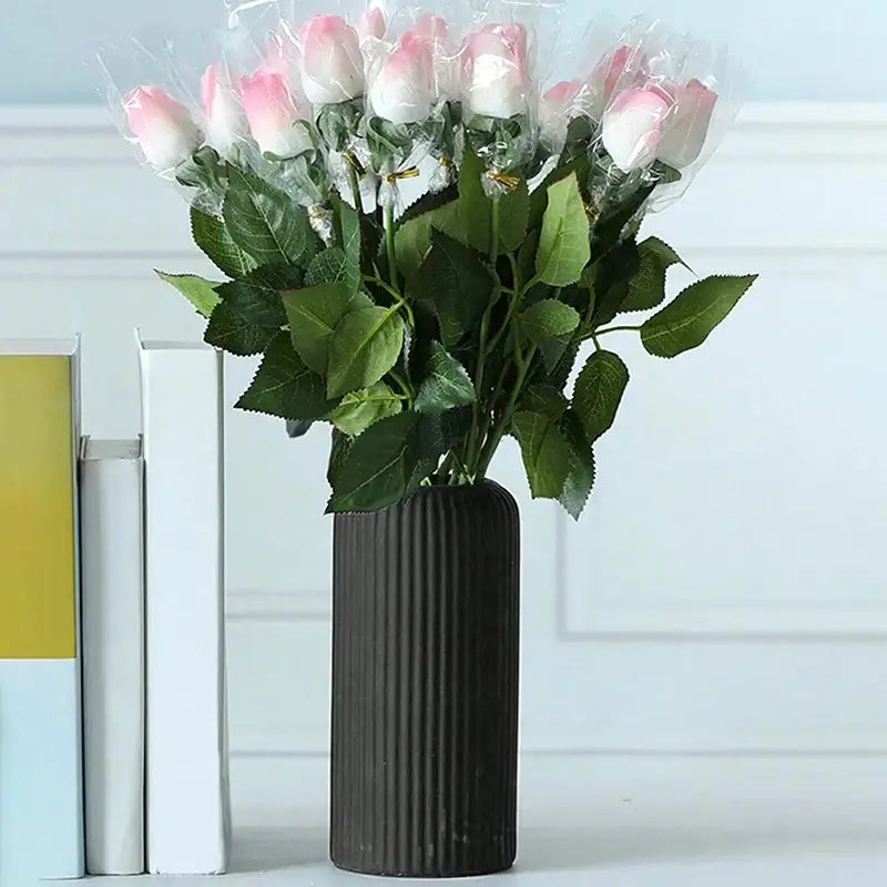 DecorBites™ creative striped plastic flower vase in dark brown holding pink and white artificial floral arrangements