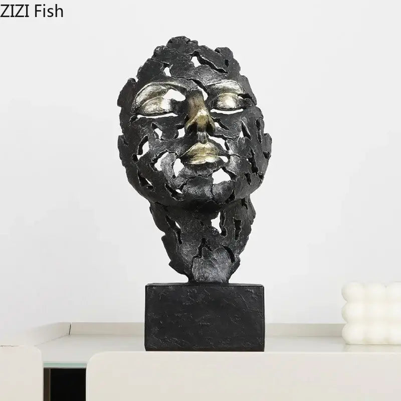 Decorbites creative thinker black and gold abstract face sculpture with intricate cut-out design on black base for desk decor