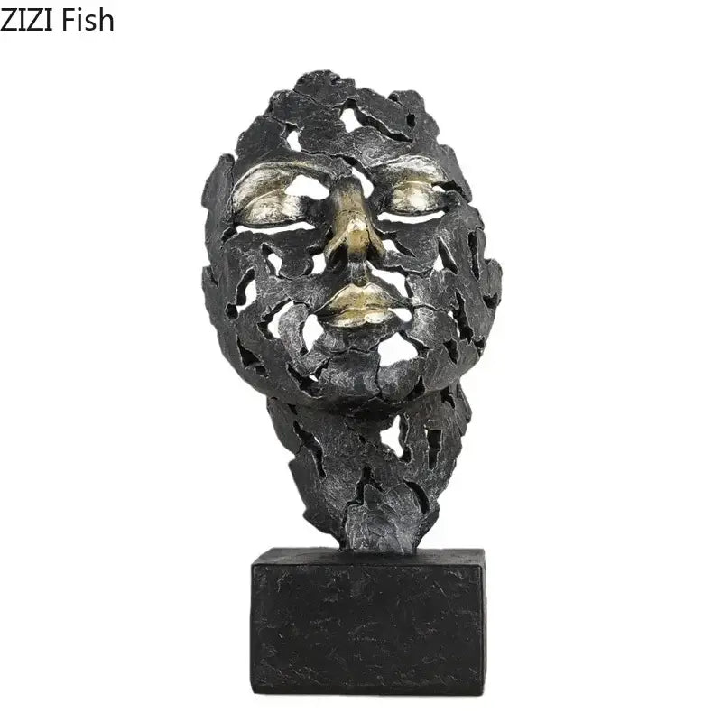 Black and gold abstract face sculpture with intricate cut-out patterns on black base decorbites creative thinker desk decor