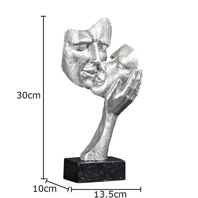 Silver metallic decorbites creative thinker modern sculpture of two faces in embrace on a black base desk decor