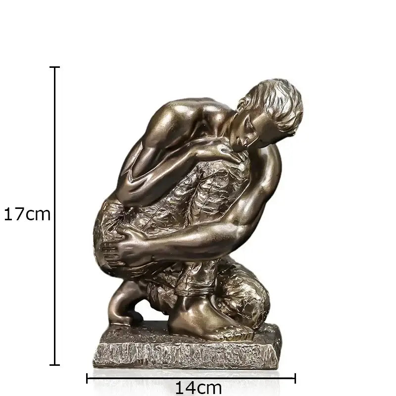 Bronze-colored intricately detailed bronzebites creative thinker modern sculpture of a kneeling man embracing torso desk decor