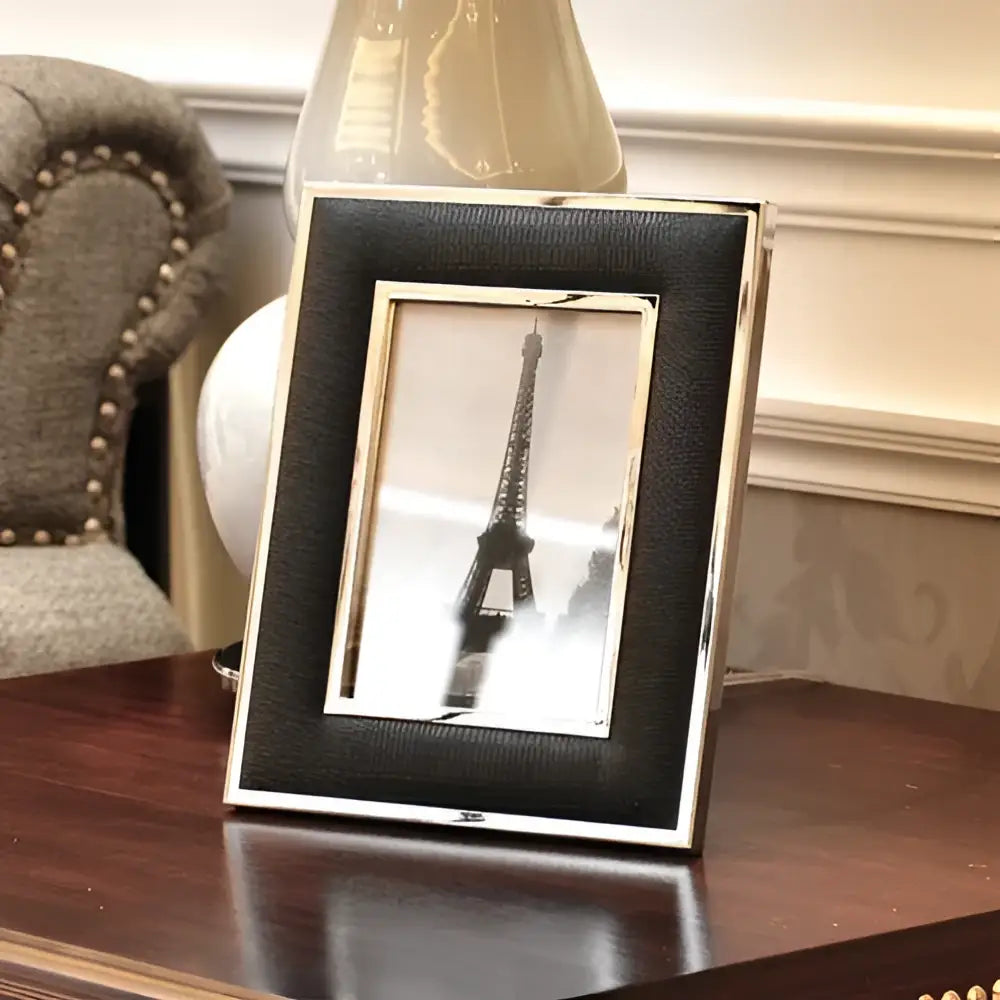 Black textured leather photo frame with silver border featuring eiffel tower by decorbites crocodile leather modern