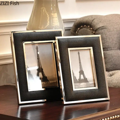 DecorBites crocodile leather modern black photo frame with silver border featuring sepia eiffel tower images