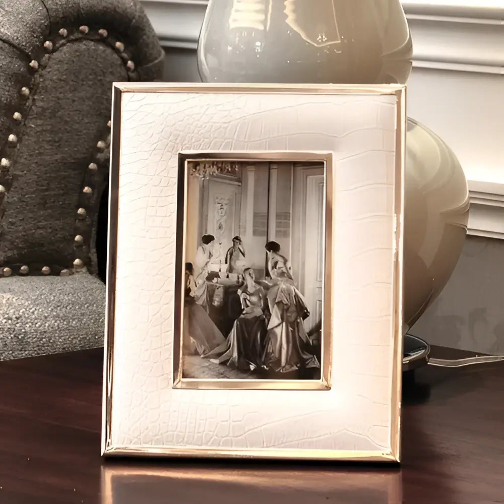 Rectangular silver-framed photo frame with cream crocodile leather modern texture by DecorBites crocodile leather