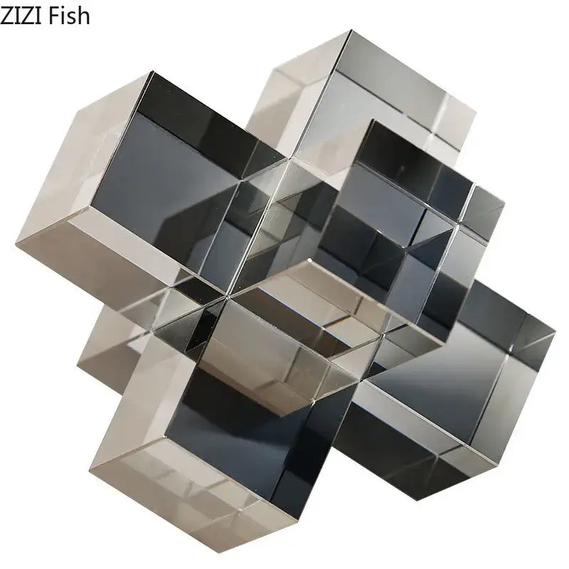 A sleek silver-toned decorbites cross crystal geometric sculpture made of polished metal cubes for living room decor