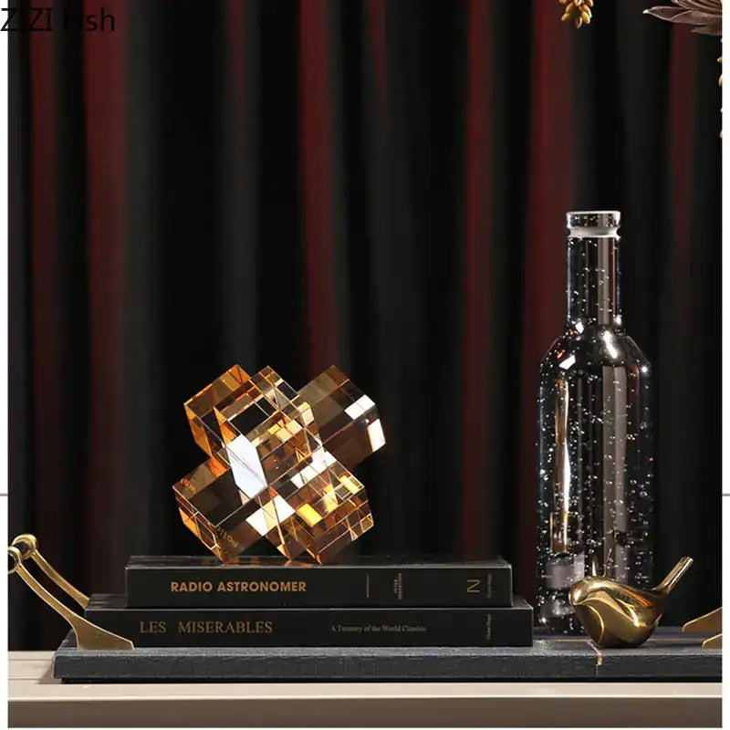 Golden faceted crystal decorbites cross crystal sculpture with geometric interlocking design for living room decor