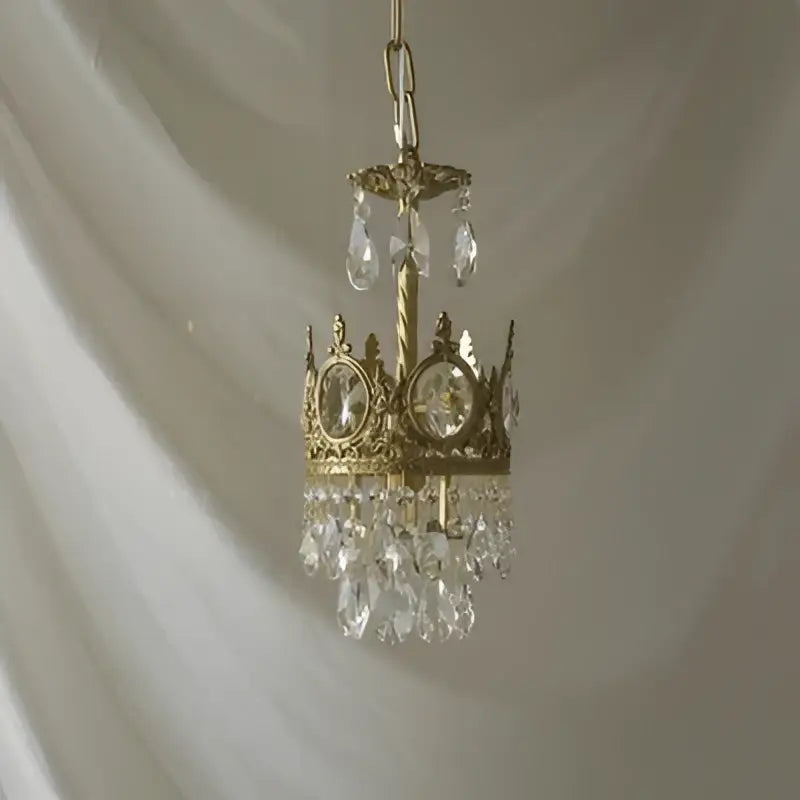 Decorbites crown crystal gold chandelier pendant light with clear crystal droplets and oval stones for bedroom