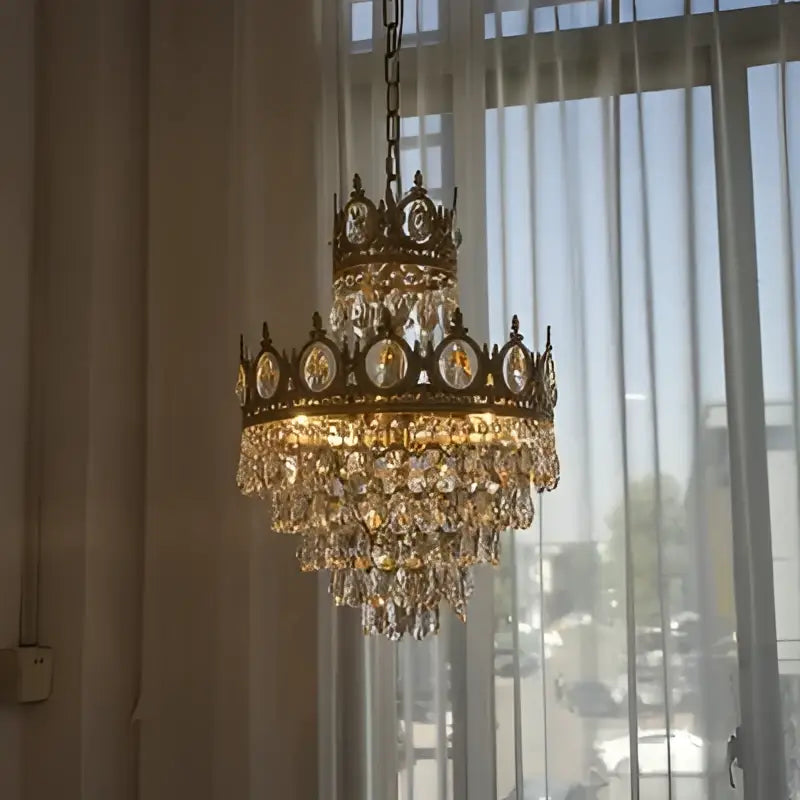 Gold pendant light decorbites crown crystal chandelier with cascading crystal droplets for bedroom decor