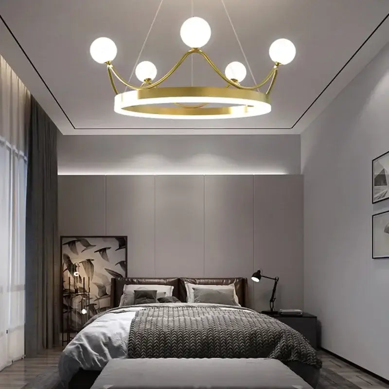 Gold-toned decorbites crown led chandelier with six white globe lights for kids room pendant lighting