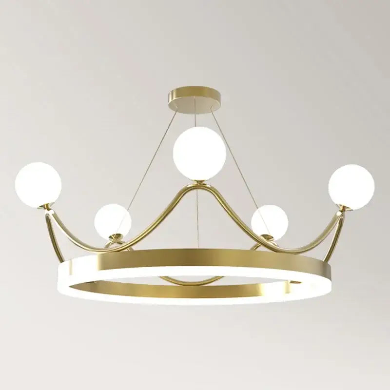 Gold-toned decorbites crown led crown led chandelier with circular frame and five white glass bulbs for kids room pendant light