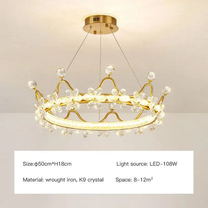Gold crown-shaped chandelier with clear k9 crystals and led light source decorbites crown petal led bedroom light